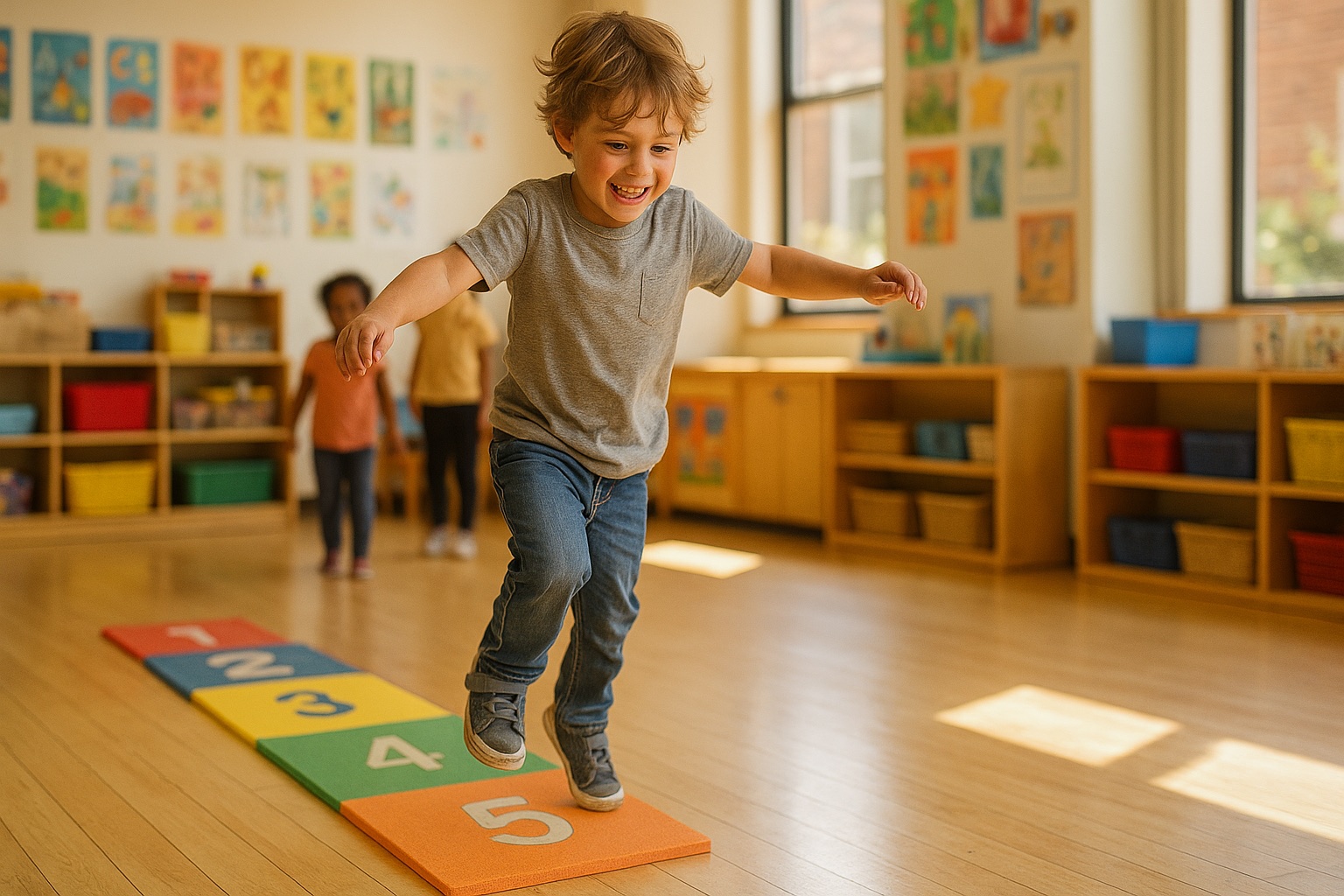 Boy hopping on numbered squares