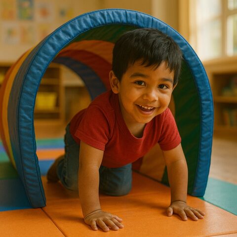 Boy crawling through tunnel