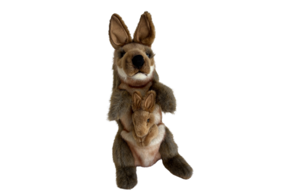 Hansa Kangaroo with Joey Hand puppet, Soft brown fur and expressive face. Small Joey if securely attached to the mother's pouch