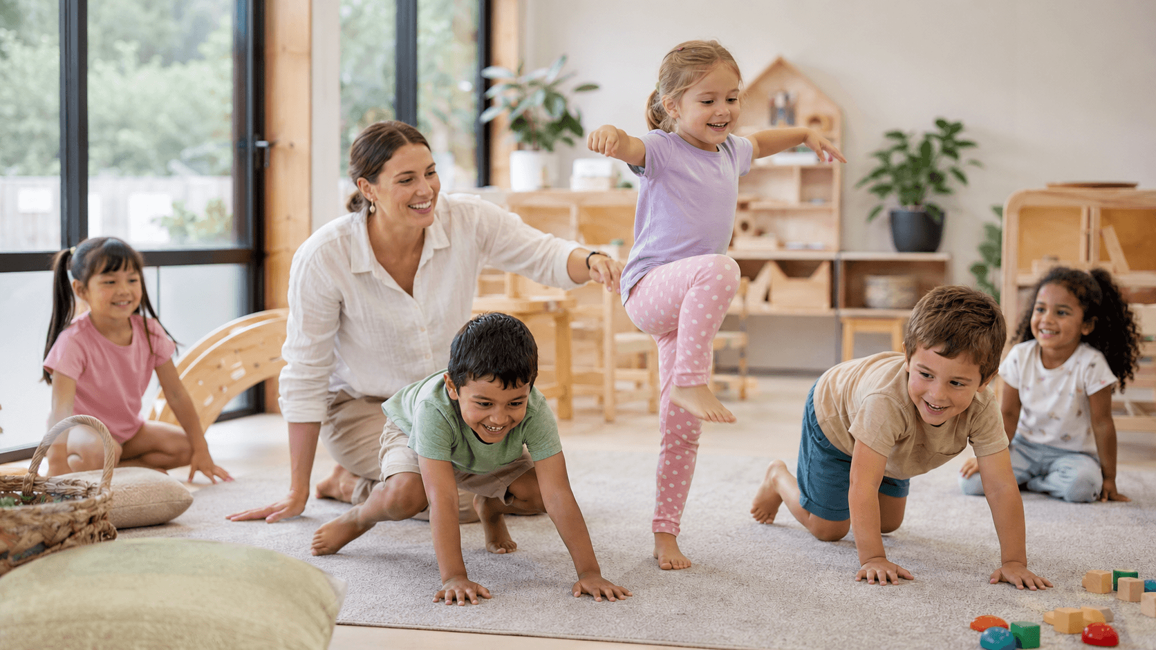 Preschool children practising animal-inspired movement with an educator in an early learning room.